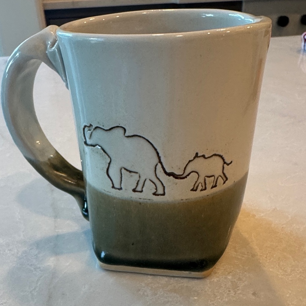Elephant Motif Ceramic Mug - Olive and Cream